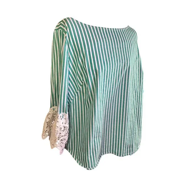 Liz Claiborne Green & White Striped Blouse W/ Lace Cuff Detail M Cotton Blend - Picture 4 of 9